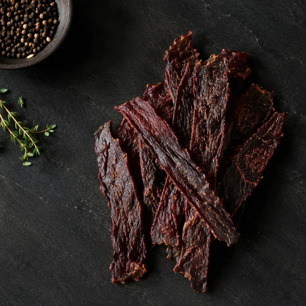 Small-batch strips of beef jerky on a dark serving board