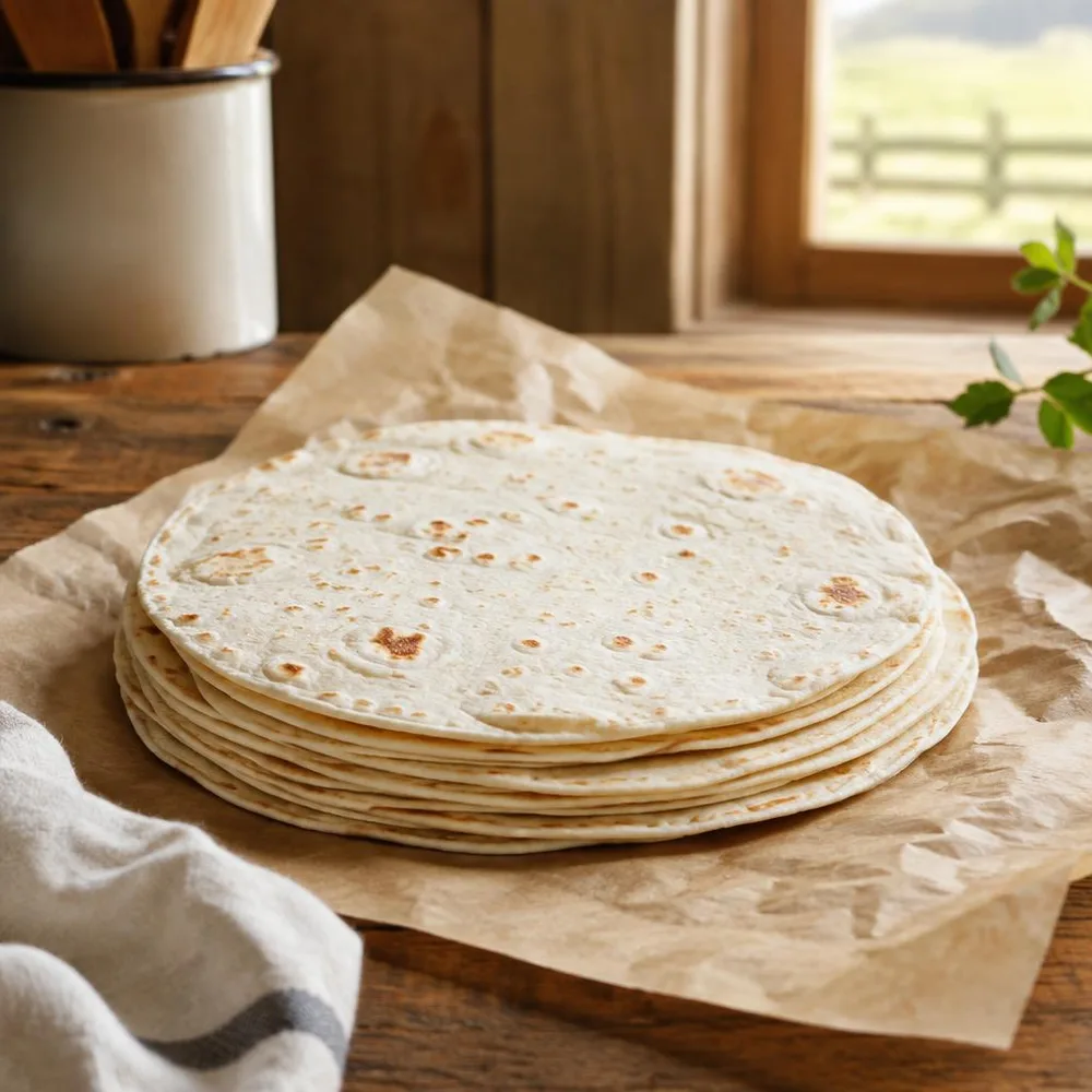 A stack of flour tortillas on a cloth-covered table