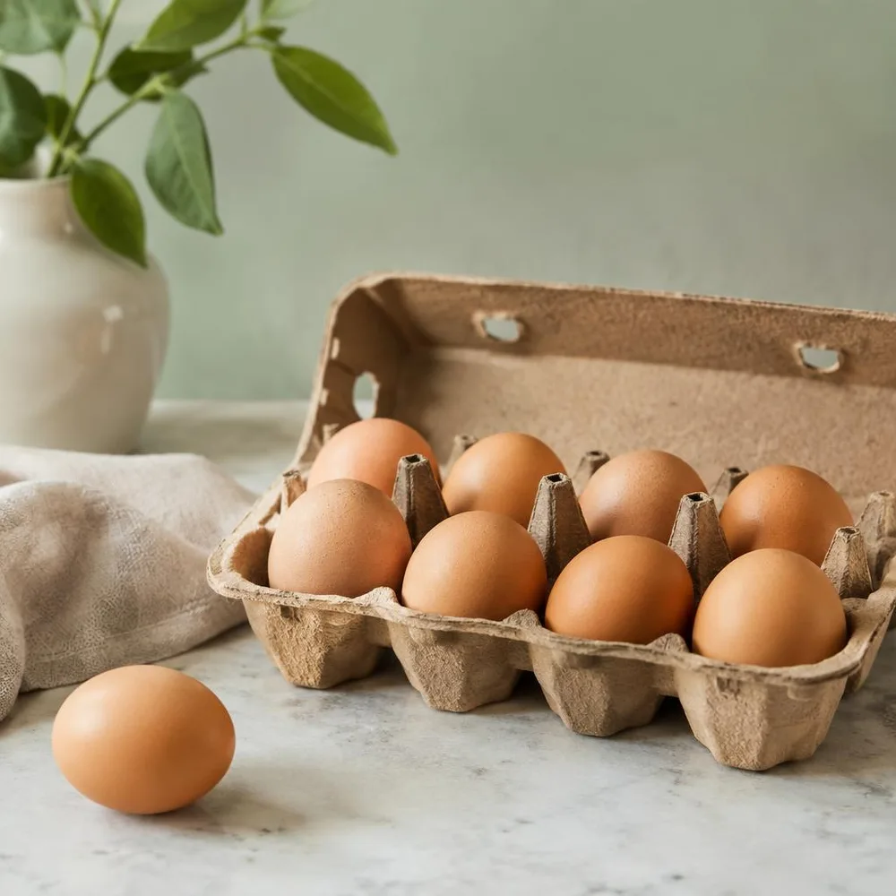 A carton of brown pasture-raised eggs beside green leaves