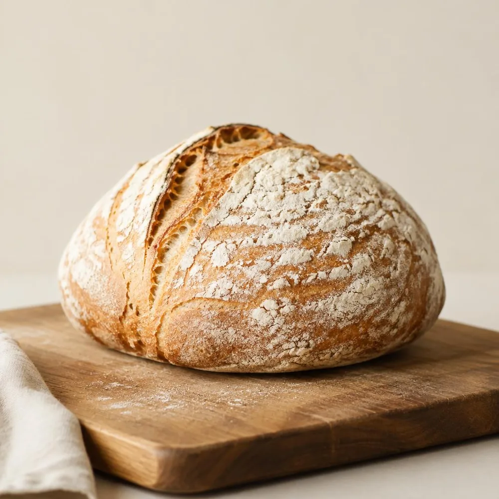 A round sourdough loaf cooling on a wooden board
